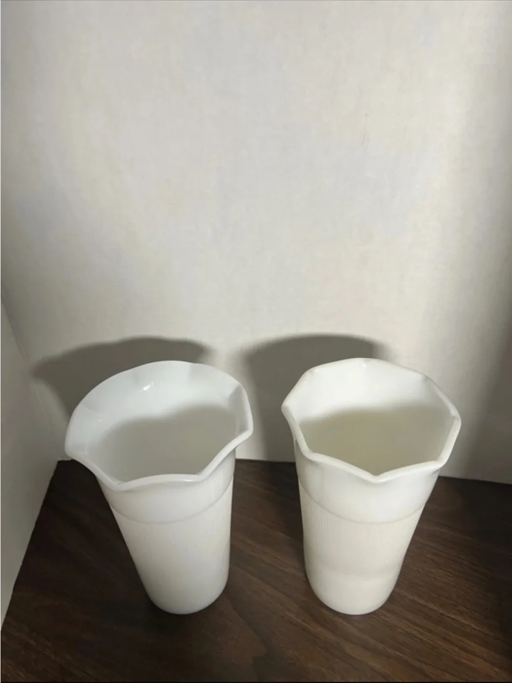 Pair of White Scalloped Edge Milk Glass Vases